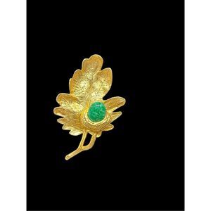 Vintage Trifari Style Gold-Tone Oak Leaf Brooch with Green Cabochon, Mid-Century